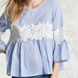 Forever 21 Blue Blouse with White Lace Accents